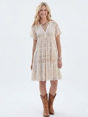 Sundance Sweep of Lace Dress Short Sleeve Cream Boho Tiered Midi